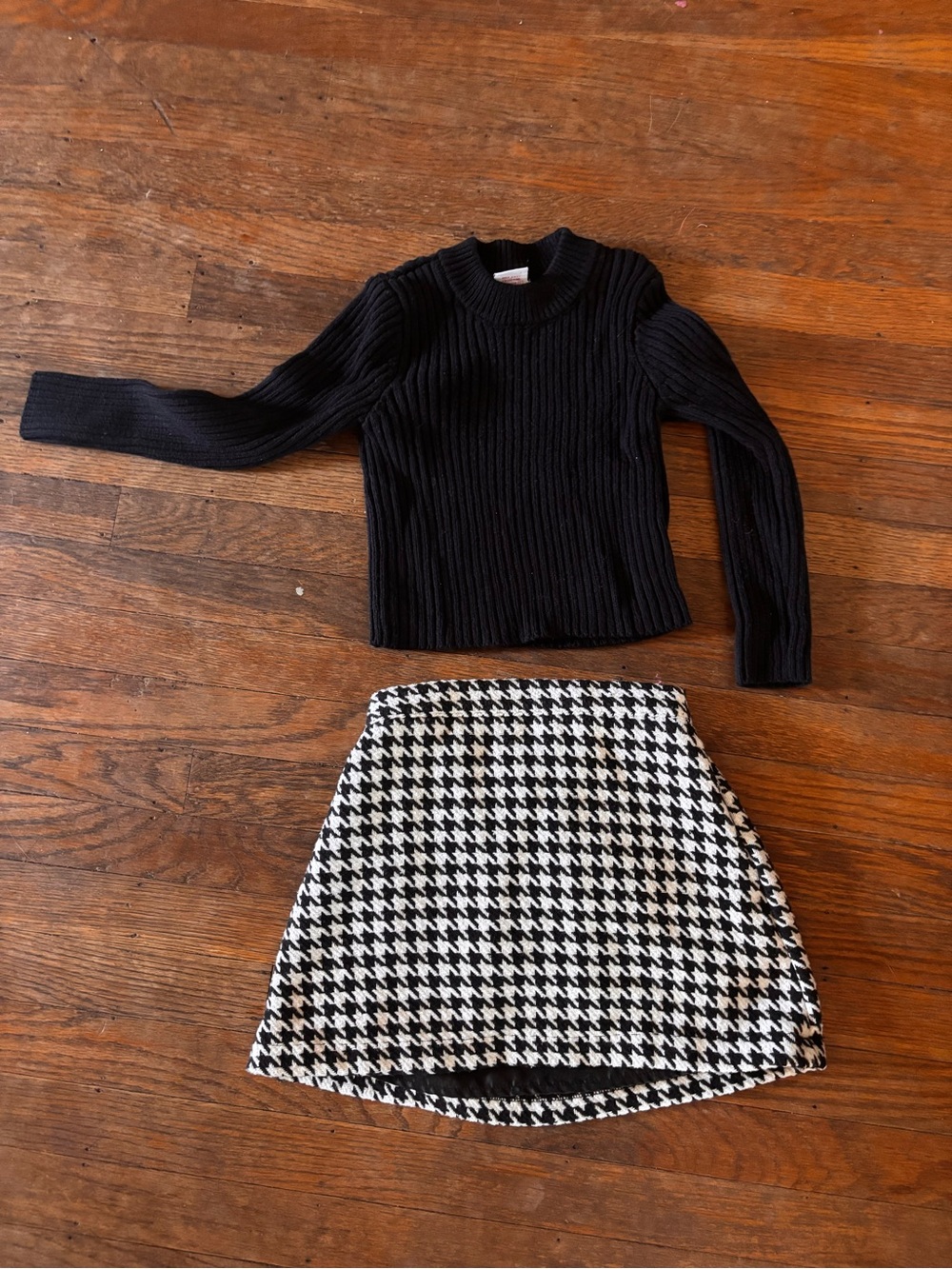 Black Ribbed Long Sleeve Top with Houndstooth Mini Skirt